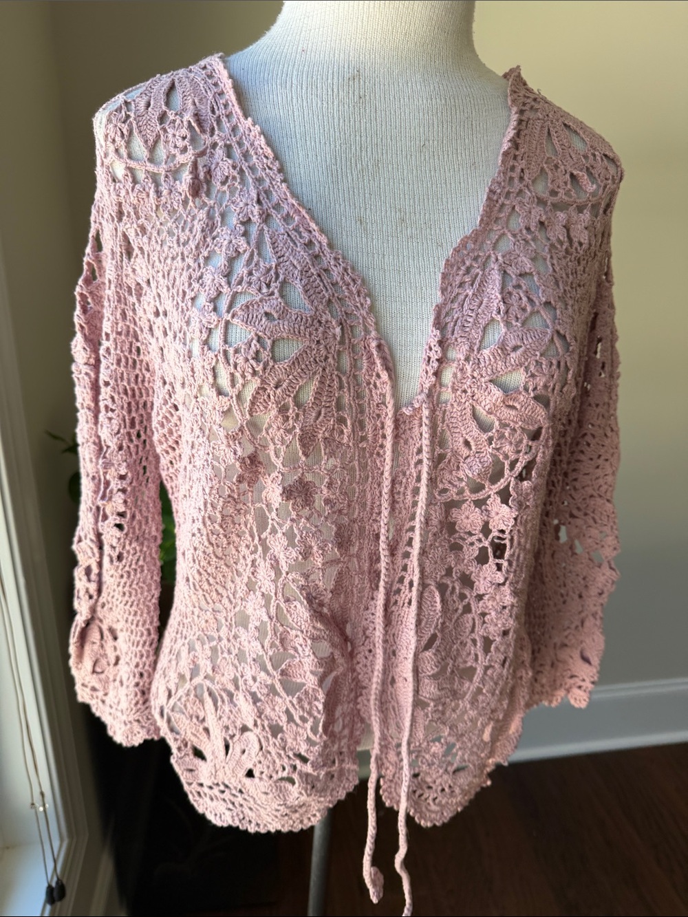 Hand Crafted Blush Pink Crochet Tie-Front Cardigan